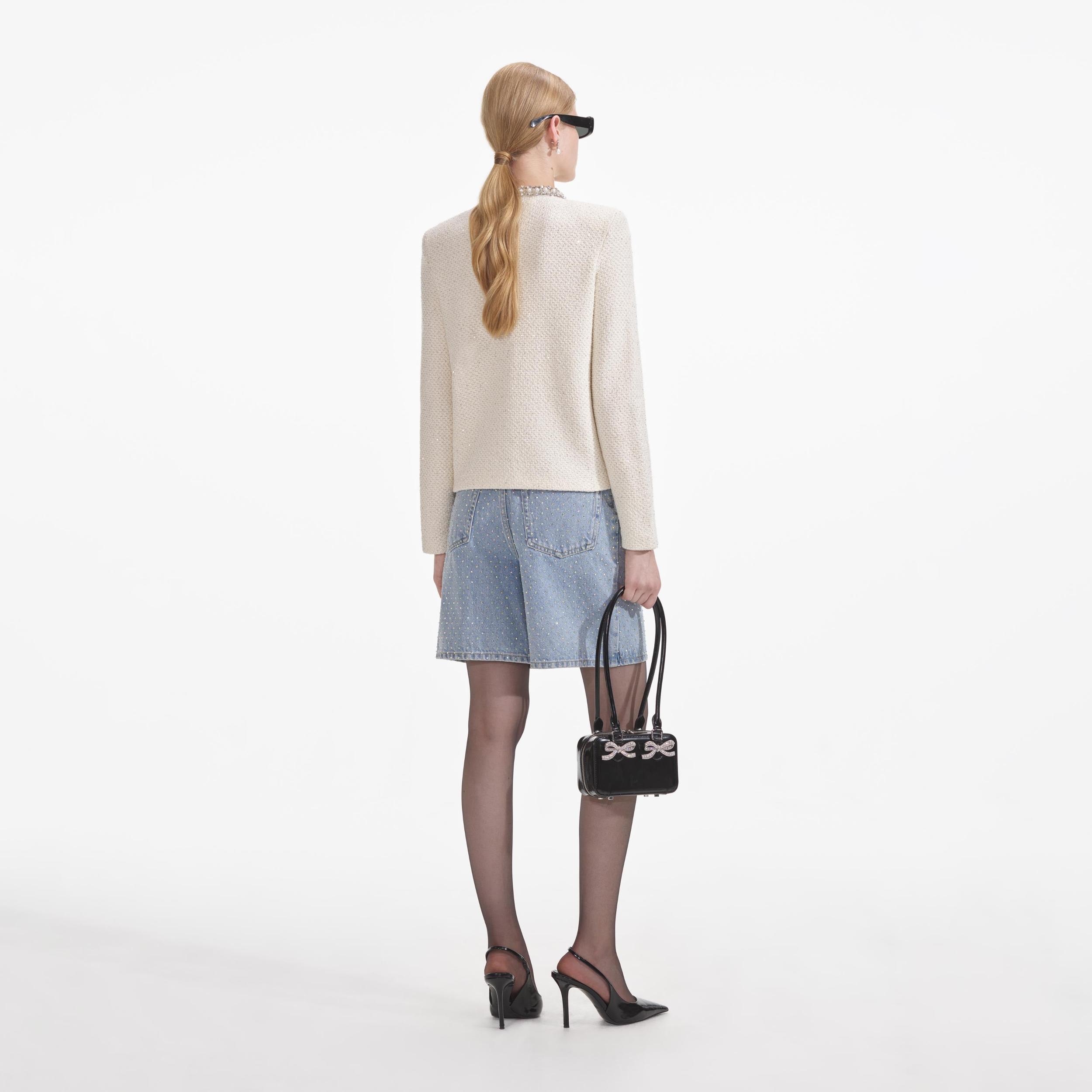 Cream Textured Knit Embellished Cardigan Product Image