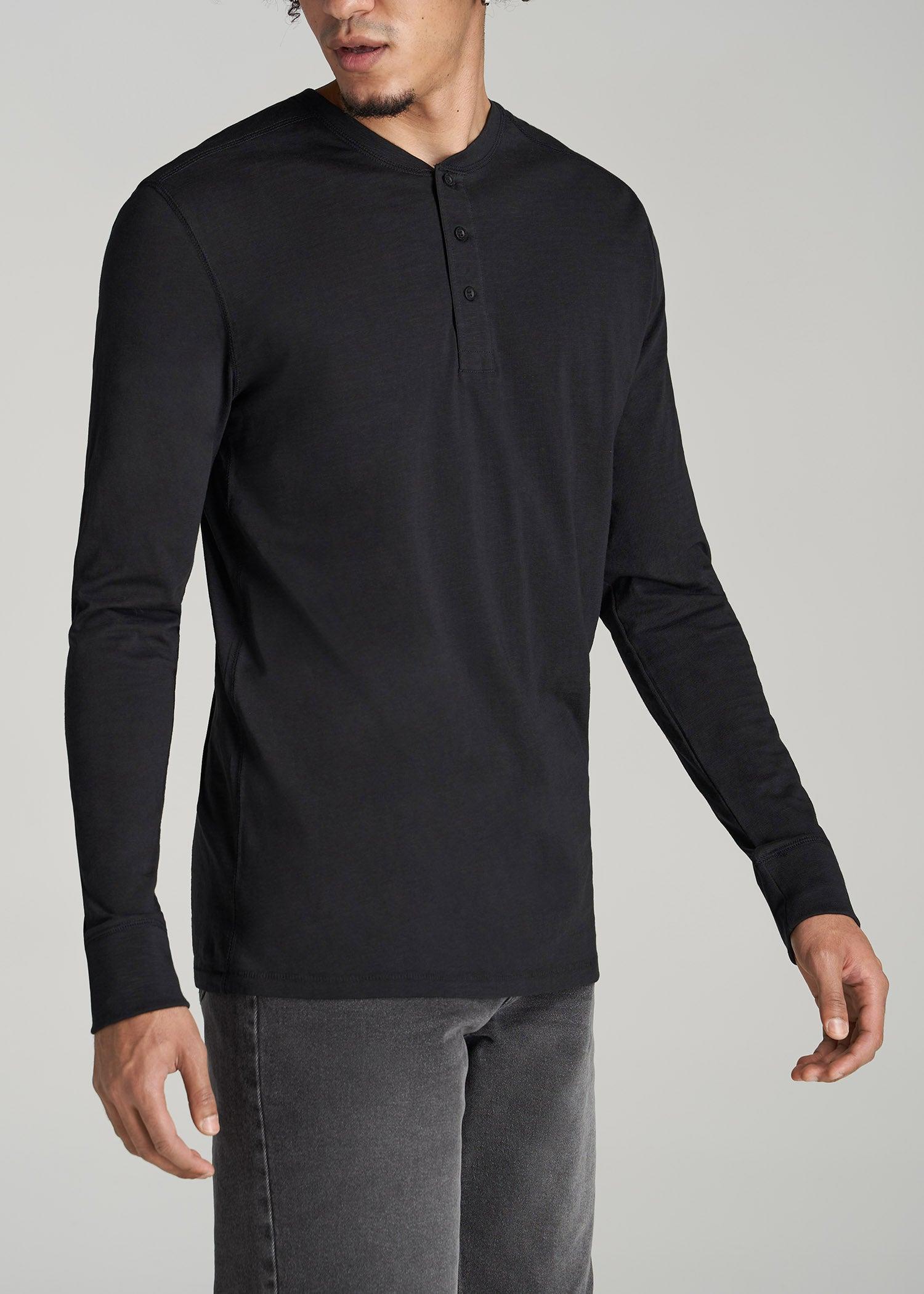 Three-Button Long Sleeve Slub Henley for Tall Men in Black Male Product Image
