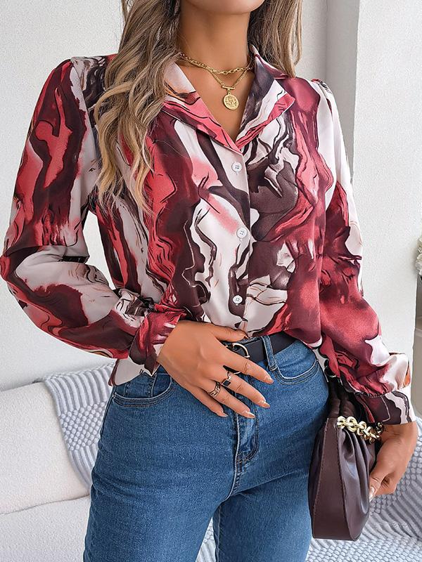 Long Sleeves Loose Buttoned Printed Notched Collar Blouses&Shirts Tops Product Image