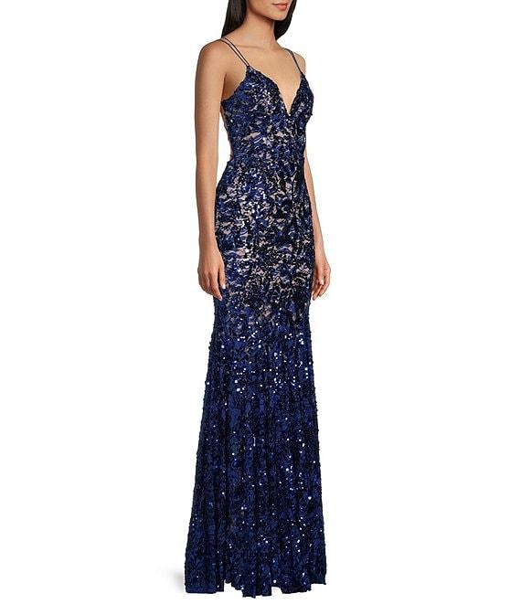 Honey and Rosie Sequins Lace Bungee Strap V-Neck Criss Cross Back Dress Product Image