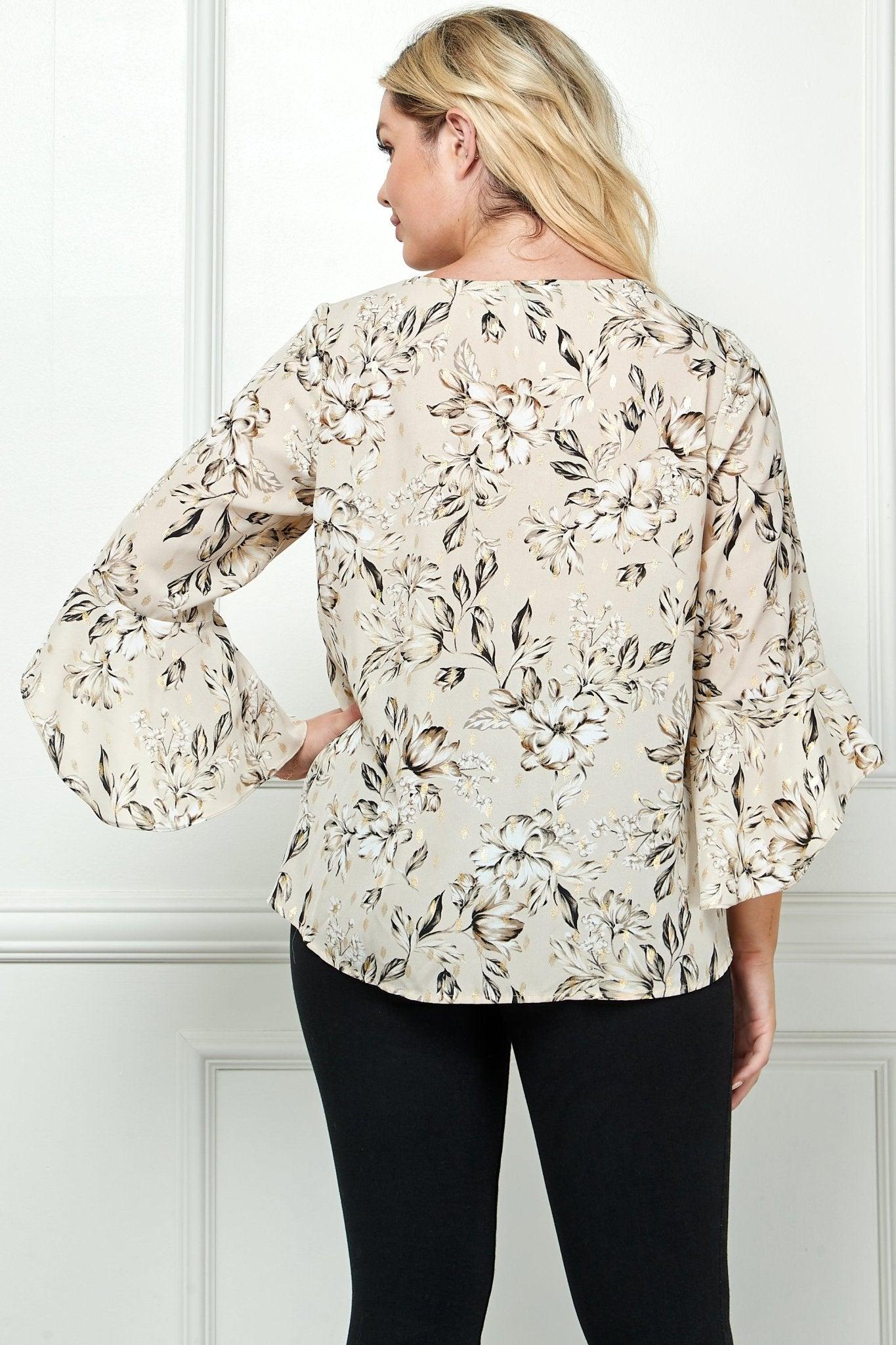 3/4 Ruffle Sleeve V Neck Blouse - Plus Product Image