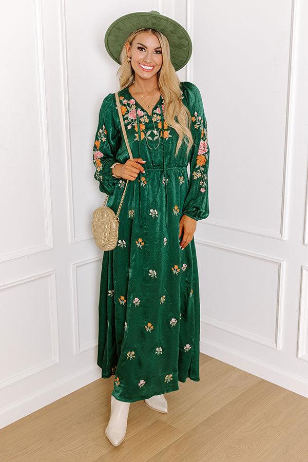 Whispering Sweet Nothings Embroidered Maxi In Hunter Green Product Image
