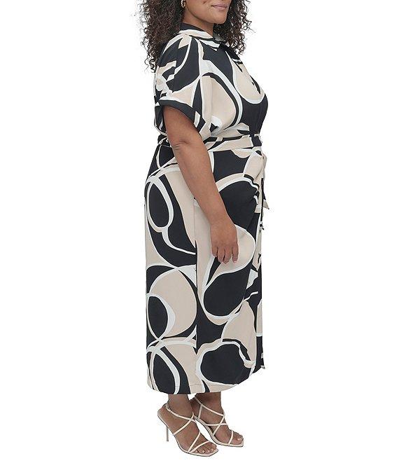 DKNY by Donna Karan Plus Size Crepe Collared Neck Short Sleeve Tie Sash Belt Shirt Dress Product Image