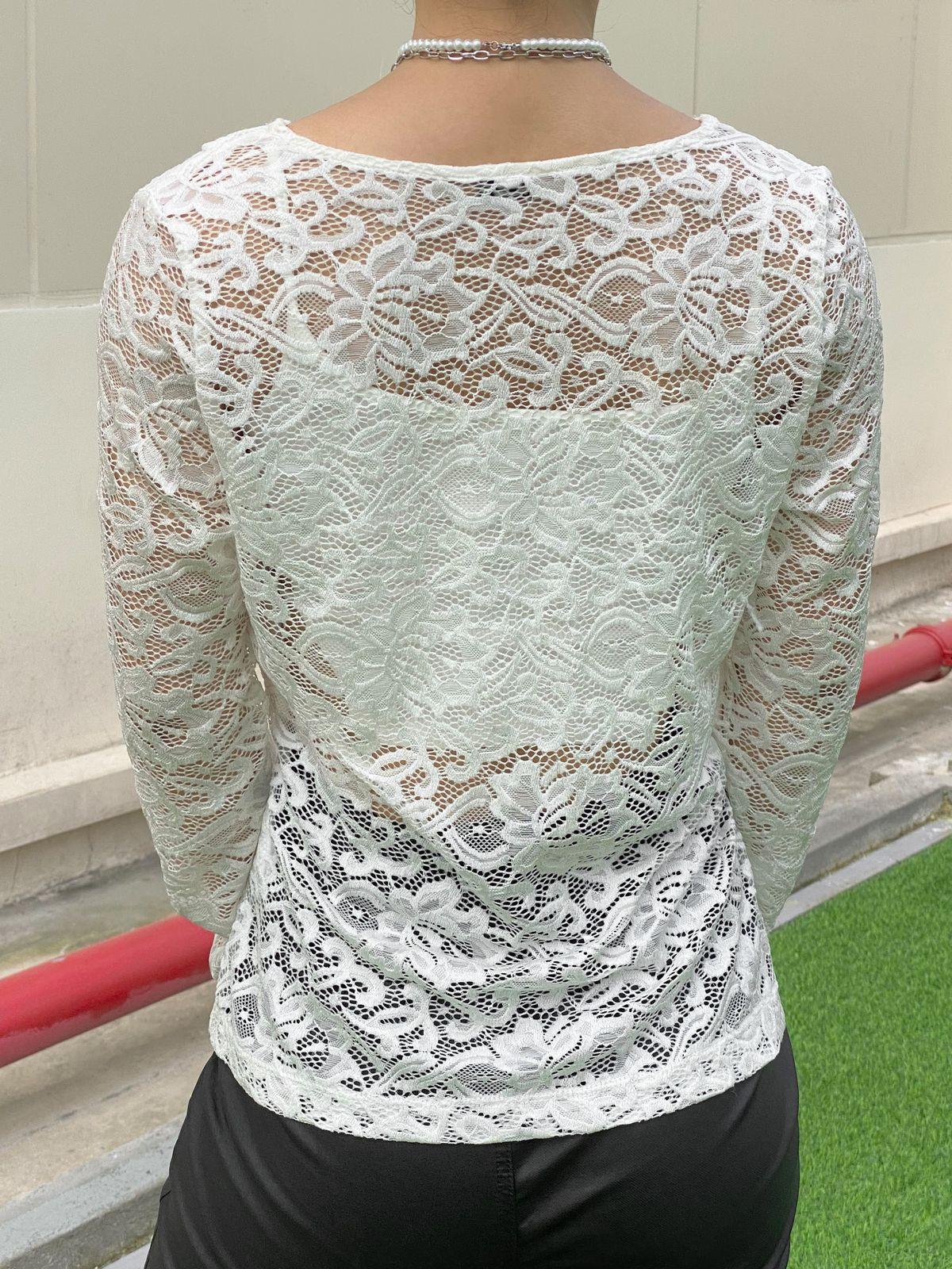 V Neck Long Sleeve Sheer Lace Blouse Product Image