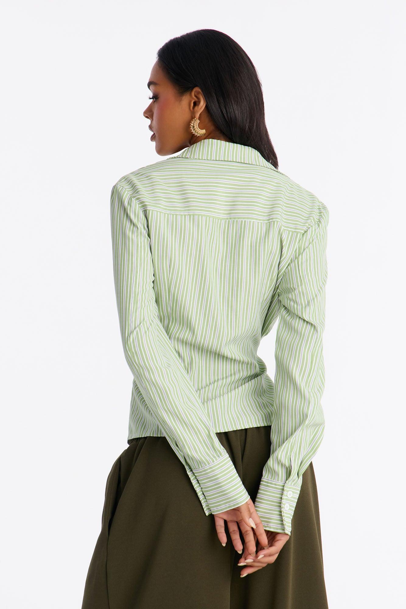 Savanna Wrap Over Striped Poplin Shirt - Green/combo Female Product Image
