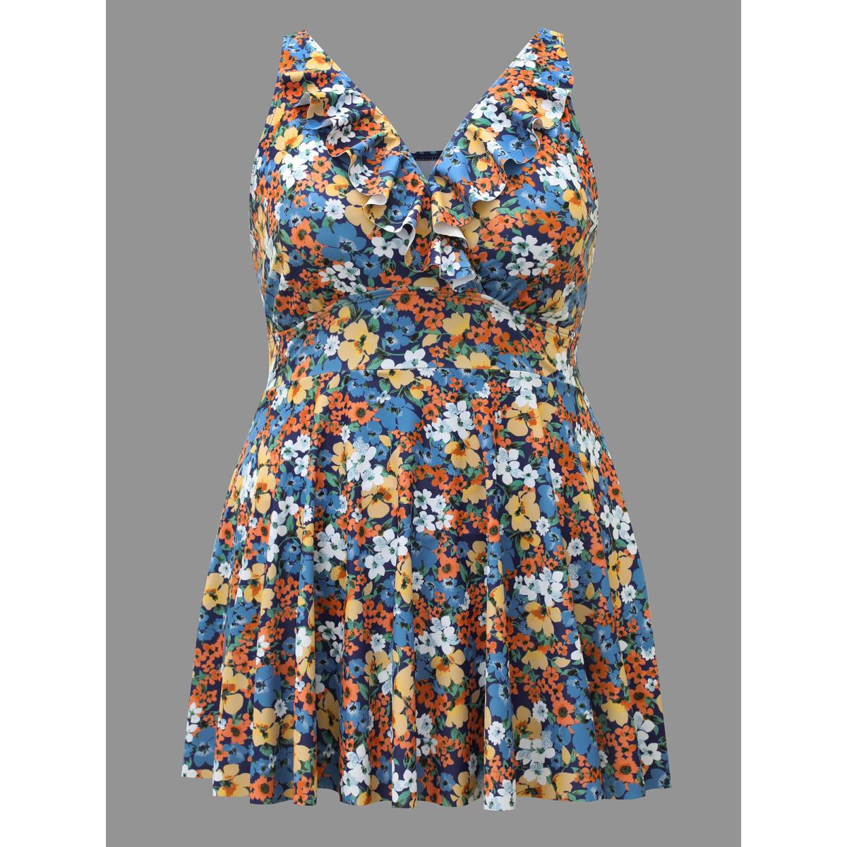 Plus Size Floral Ruffled Flared Swim Dress Women's Swimwear Multicolor Beach Bodycon Overlap Collar High stretch Curve Swim Dresses BloomChic 30/6X Product Image