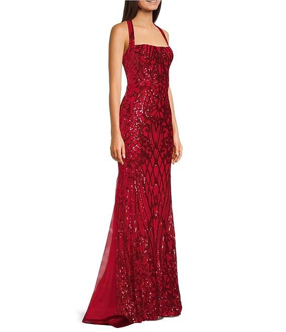 B. Darlin Sequin Pattern Square Neck Halter Godet Dress Product Image