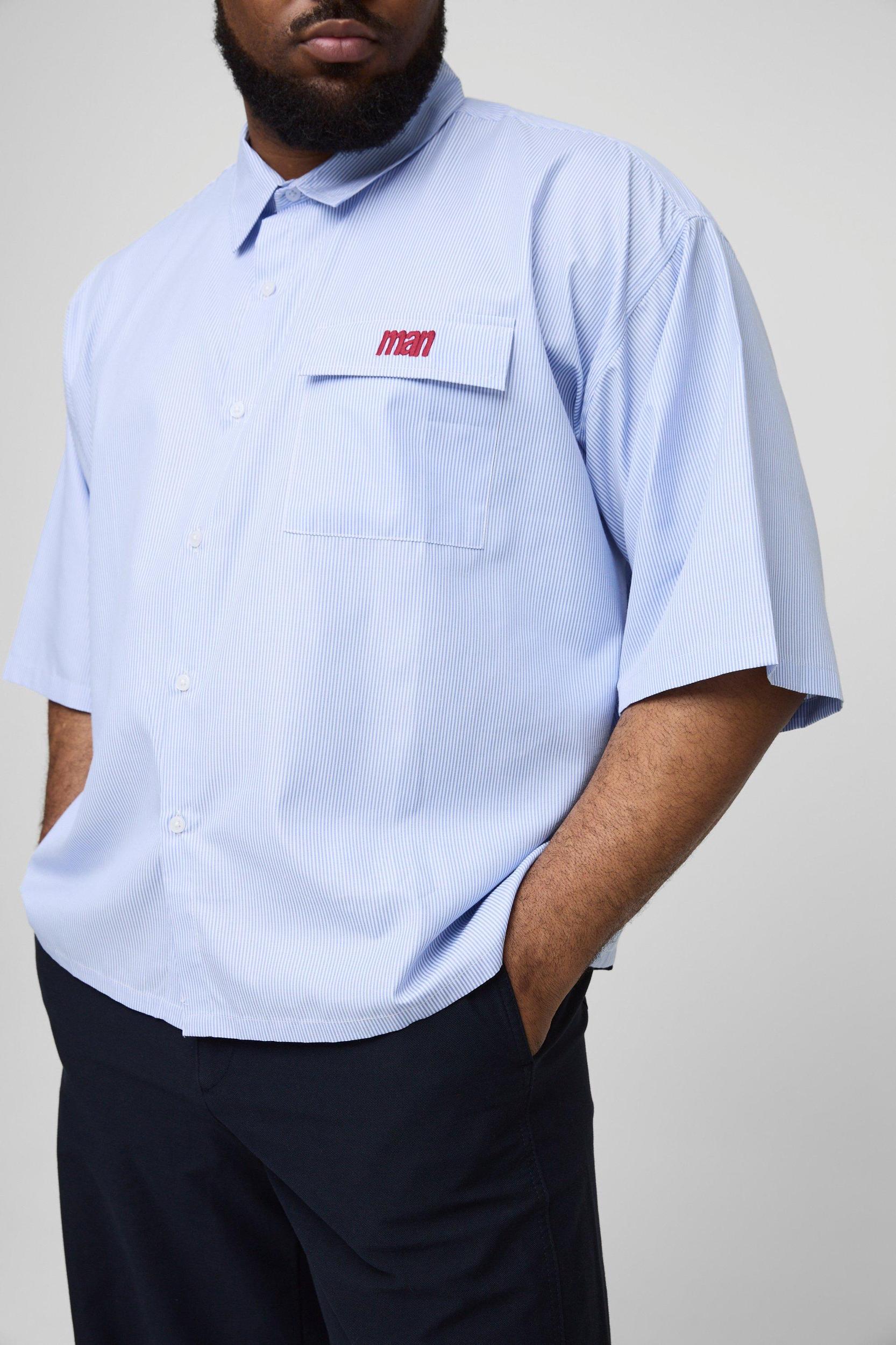 Plus Stripe Embroidered Oversized Boxy Short Sleeve Shirt | boohooMAN USA Product Image
