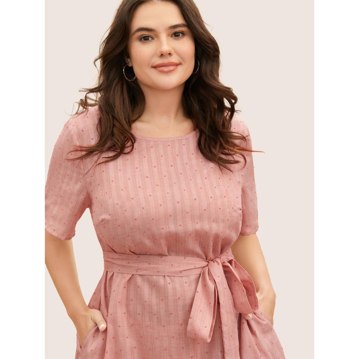 Plus Size Polka Dot Jacquard Split Hem Belted Dress Beanpastepowder Women Casual Texture Round Neck Short sleeve Curvy BloomChic 18-20/2X Product Image