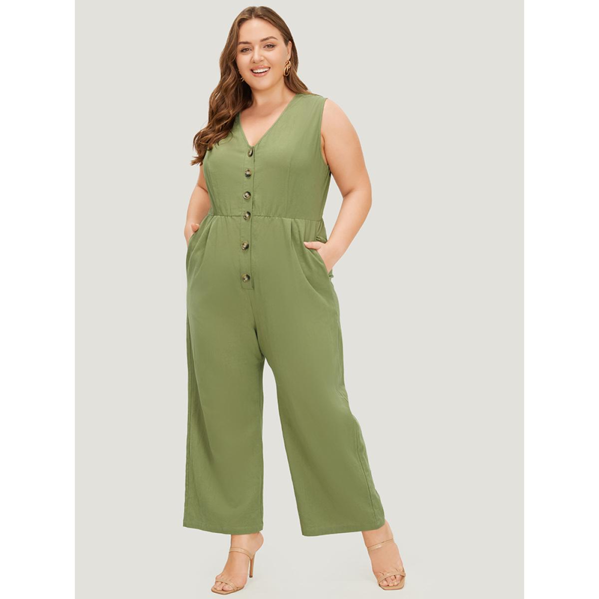 Plus Size Sage Plain Pocket Button Through Tank Jumpsuit Women Office Sleeveless V-neck Office Loose Jumpsuits BloomChic 22-24/3X Product Image