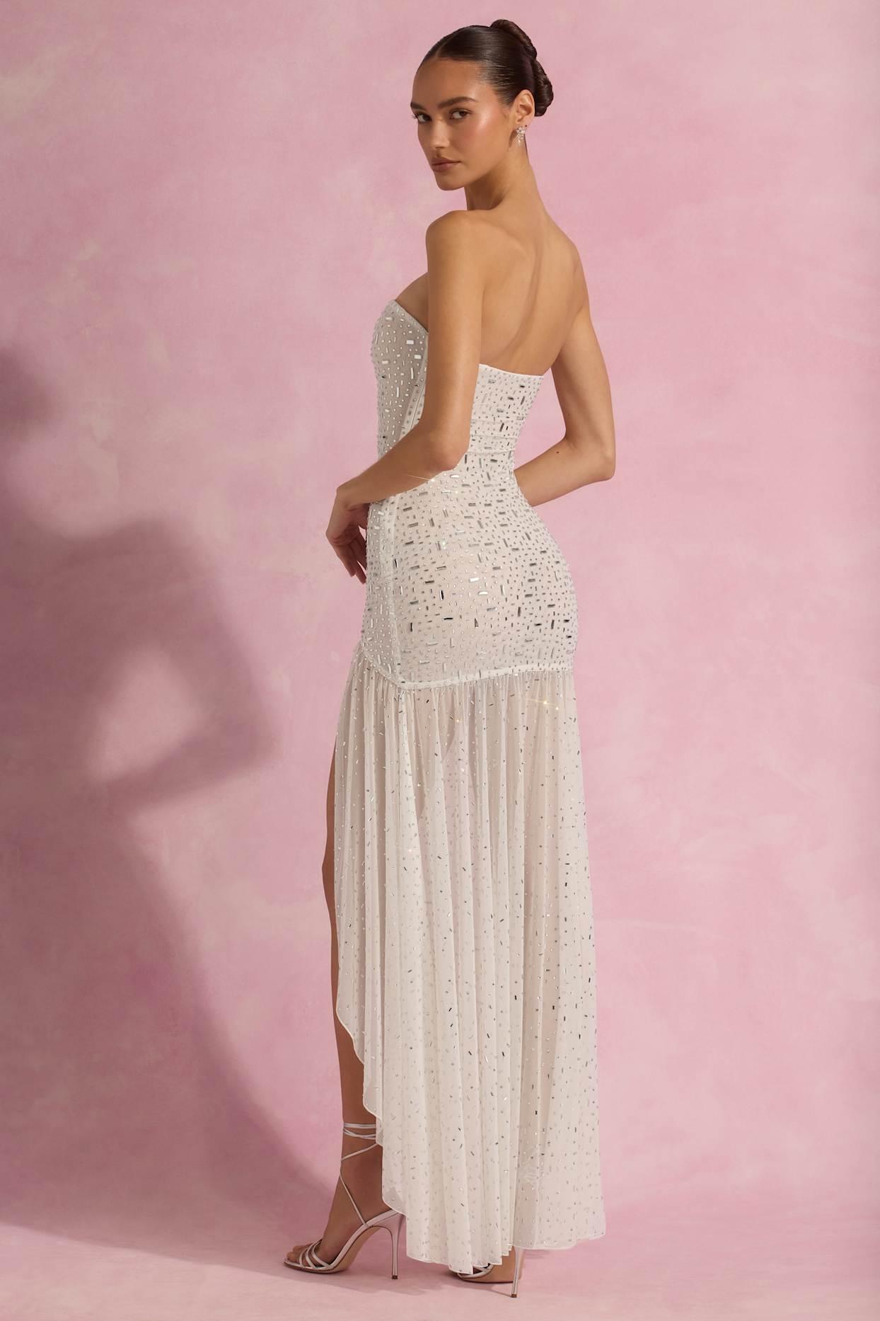 Semi-Sheer Embellished Asymmetric Maxi Dress in White Product Image