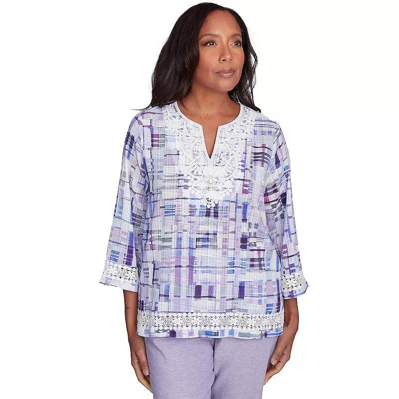 Petite Alfred Dunner Watercolor Plaid Lace Neck Top, Womens Purple Product Image