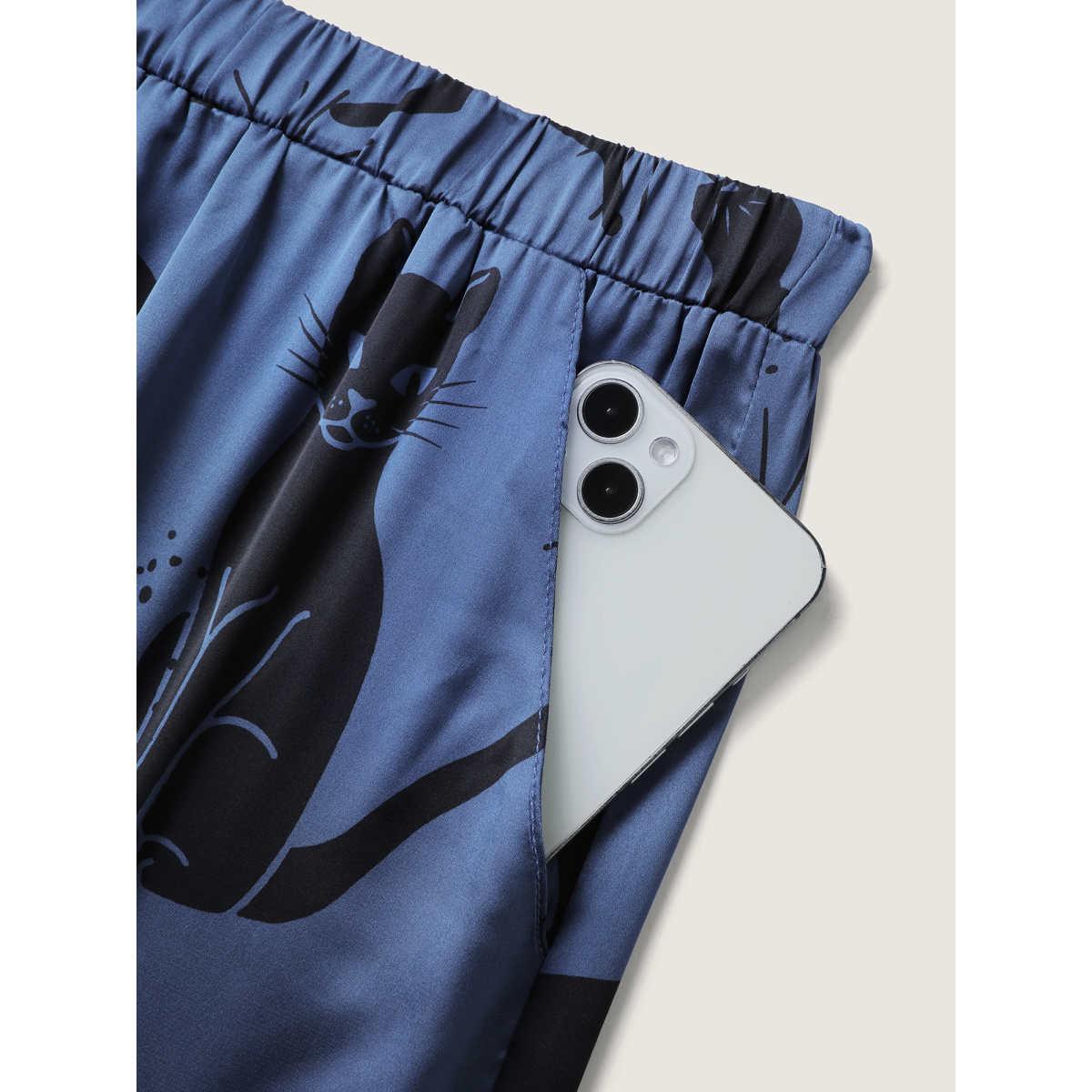 Plus Size Cats Pockets Stretchy Print Co-ord Set Women Mediumblue Graphic-Halloween Non Long Sleeve Lapel Collar Leisure Loungewear Sets BloomChic 12/L Product Image