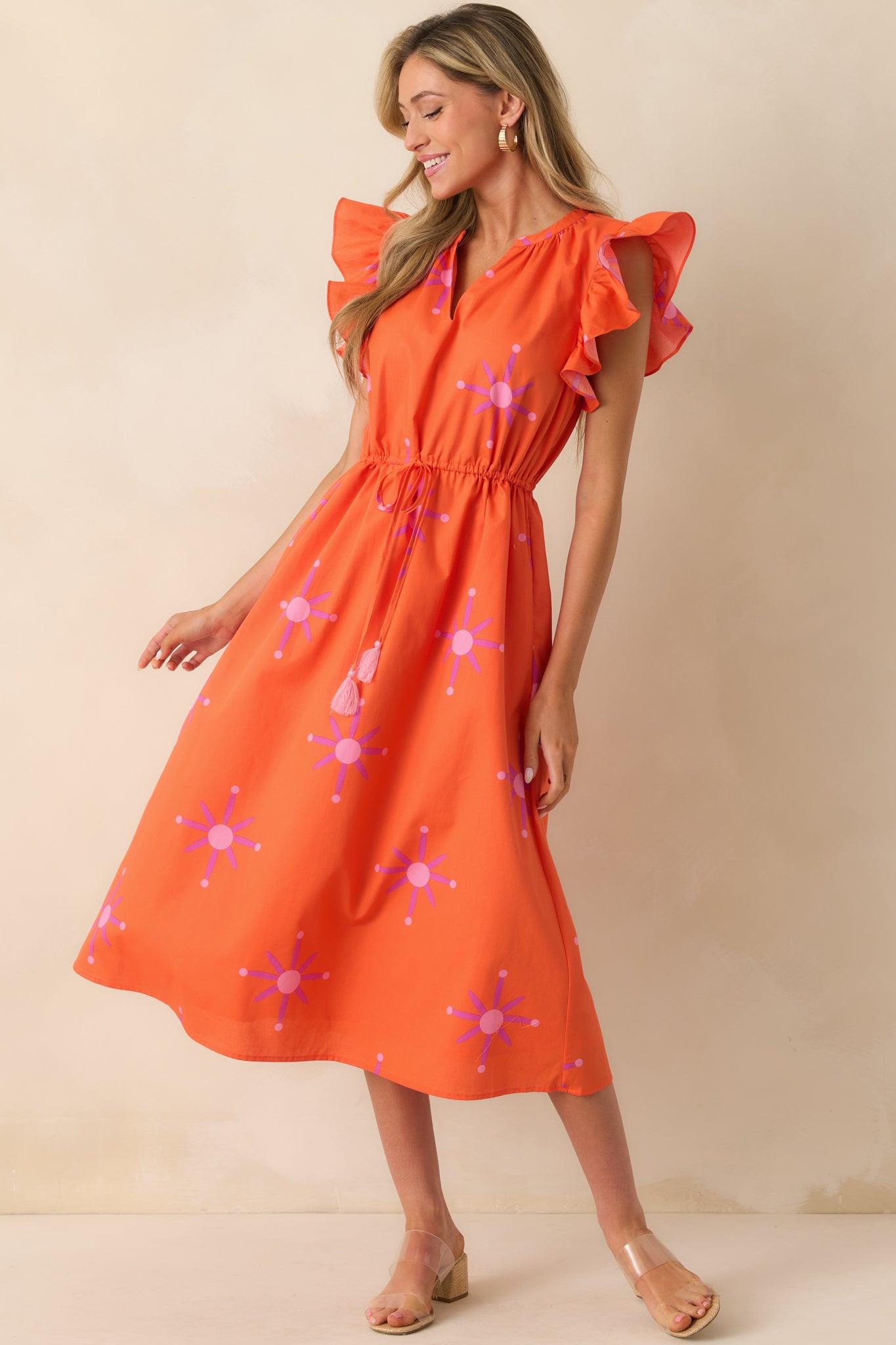Don't Know Why Orange Floral Cotton Flutter Sleeve Midi Dress Product Image