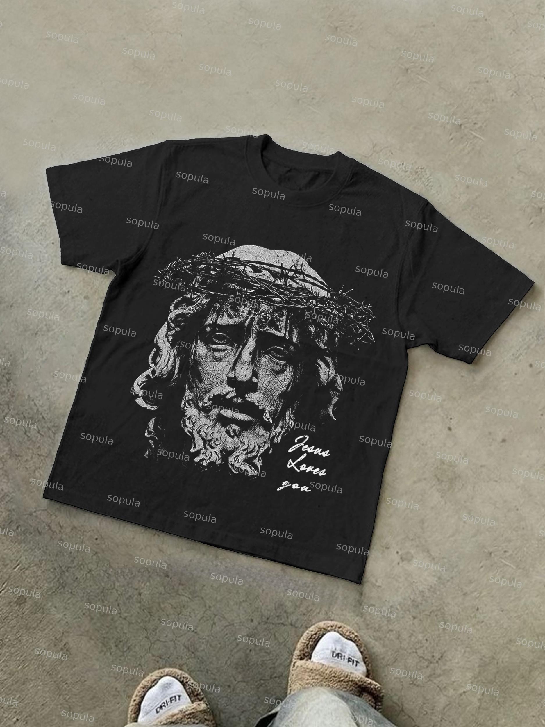 Jesus Portrait Print Cotton T-shirt Product Image