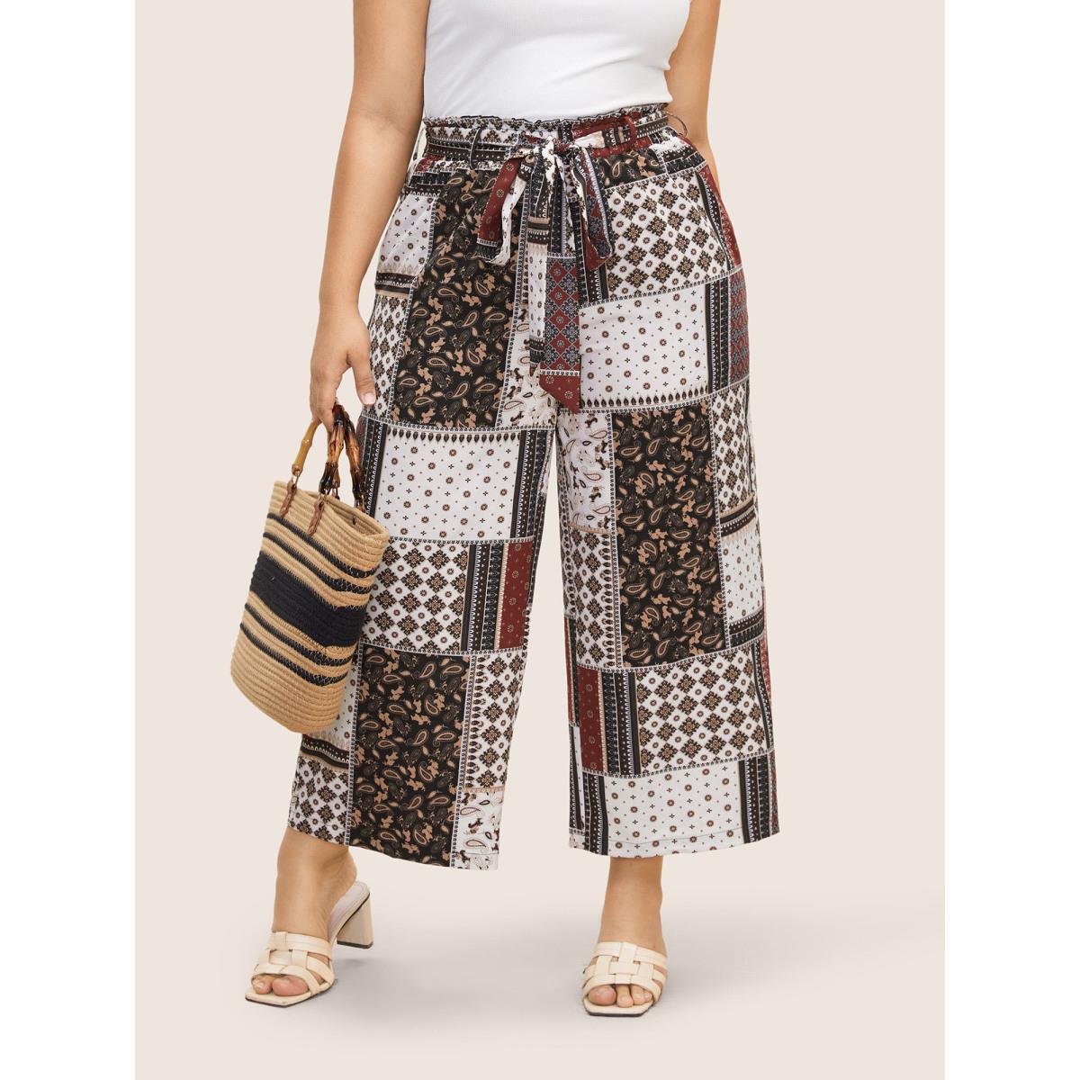Plus Size Patchwork Floral Belted Wide Leg Pants Women Deepred Resort Wide Leg High Rise Vacation Pants BloomChic 30/6X Product Image