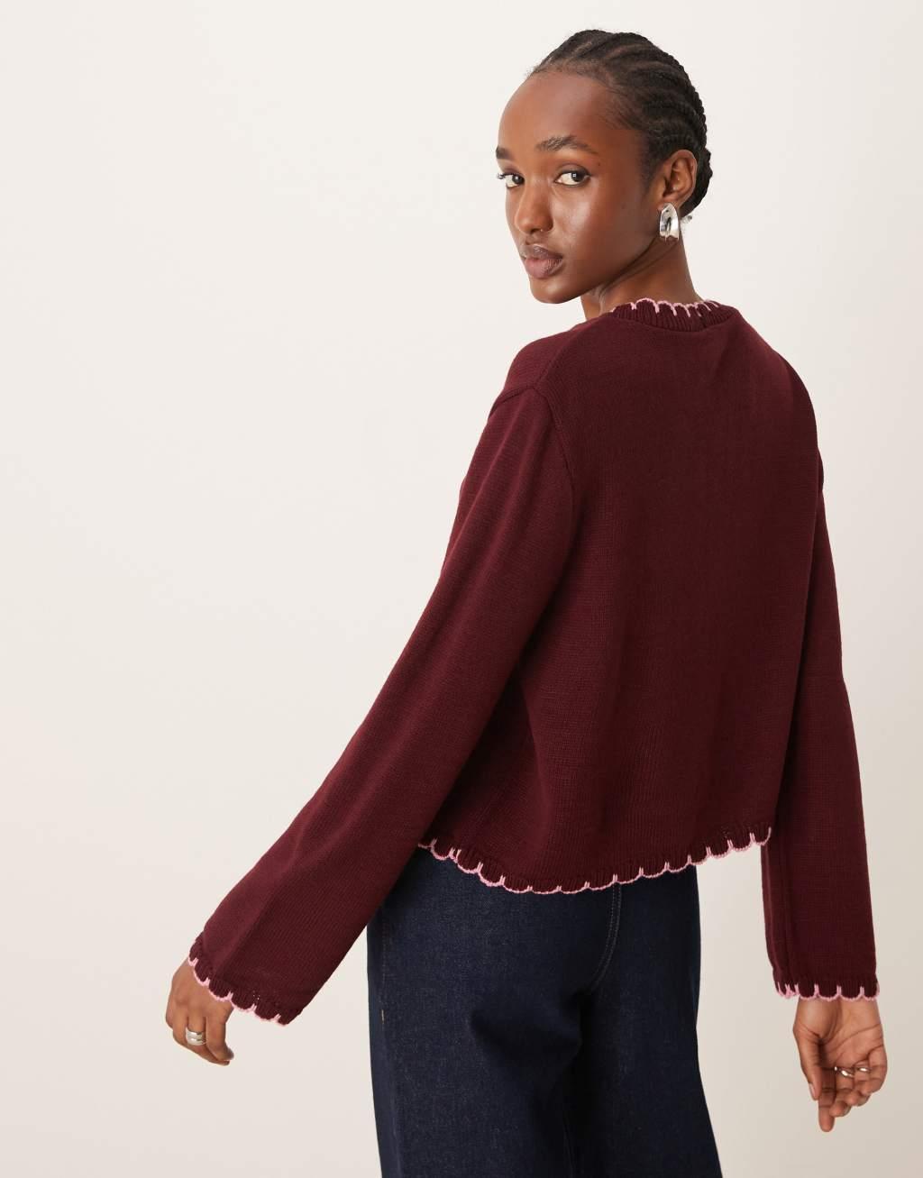 ASOS DESIGN blanket stitch cardigan in burgundy Product Image