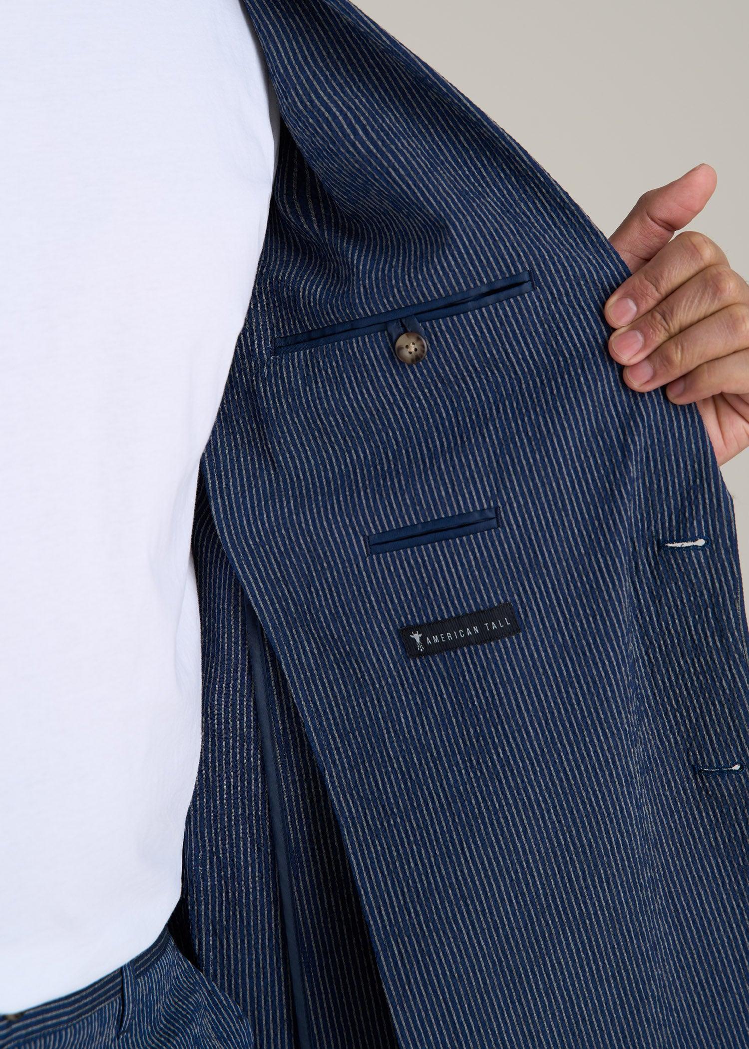 Stretch Seersucker Blazer for Tall Men in Navy and Off White Stripe Male Product Image