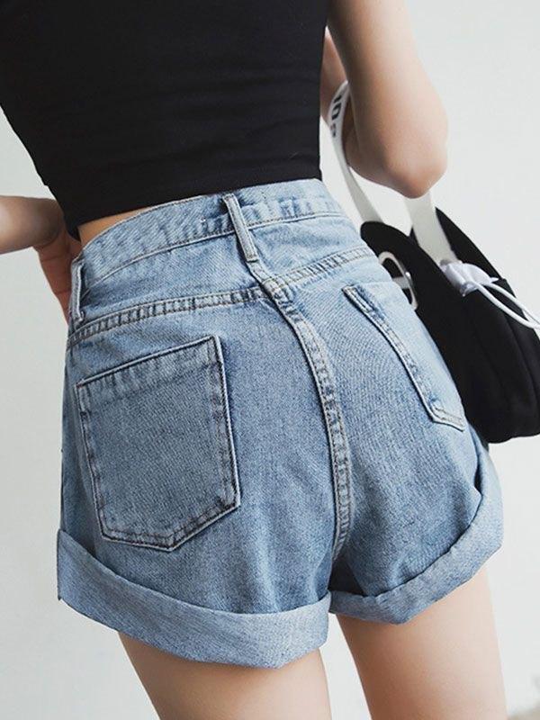 Cuffed Hem Denim Hot Shorts Product Image