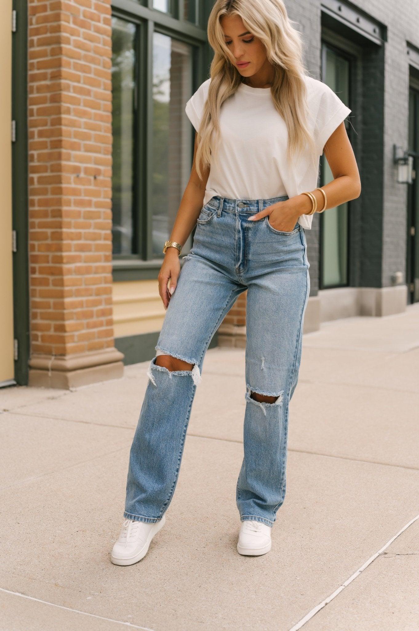 Light Denim High Rise Destroyed Dad Jeans - FINAL SALE Product Image