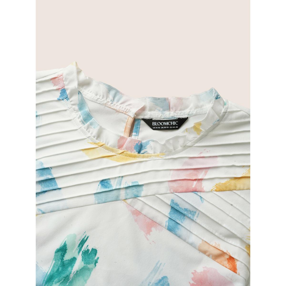Plus Size Multicolor Brush Print Pleated Ruffle Cap Sleeve Blouse Women Elegant Cap Sleeve Mock Neck Everyday Blouses BloomChic 26/4X Product Image