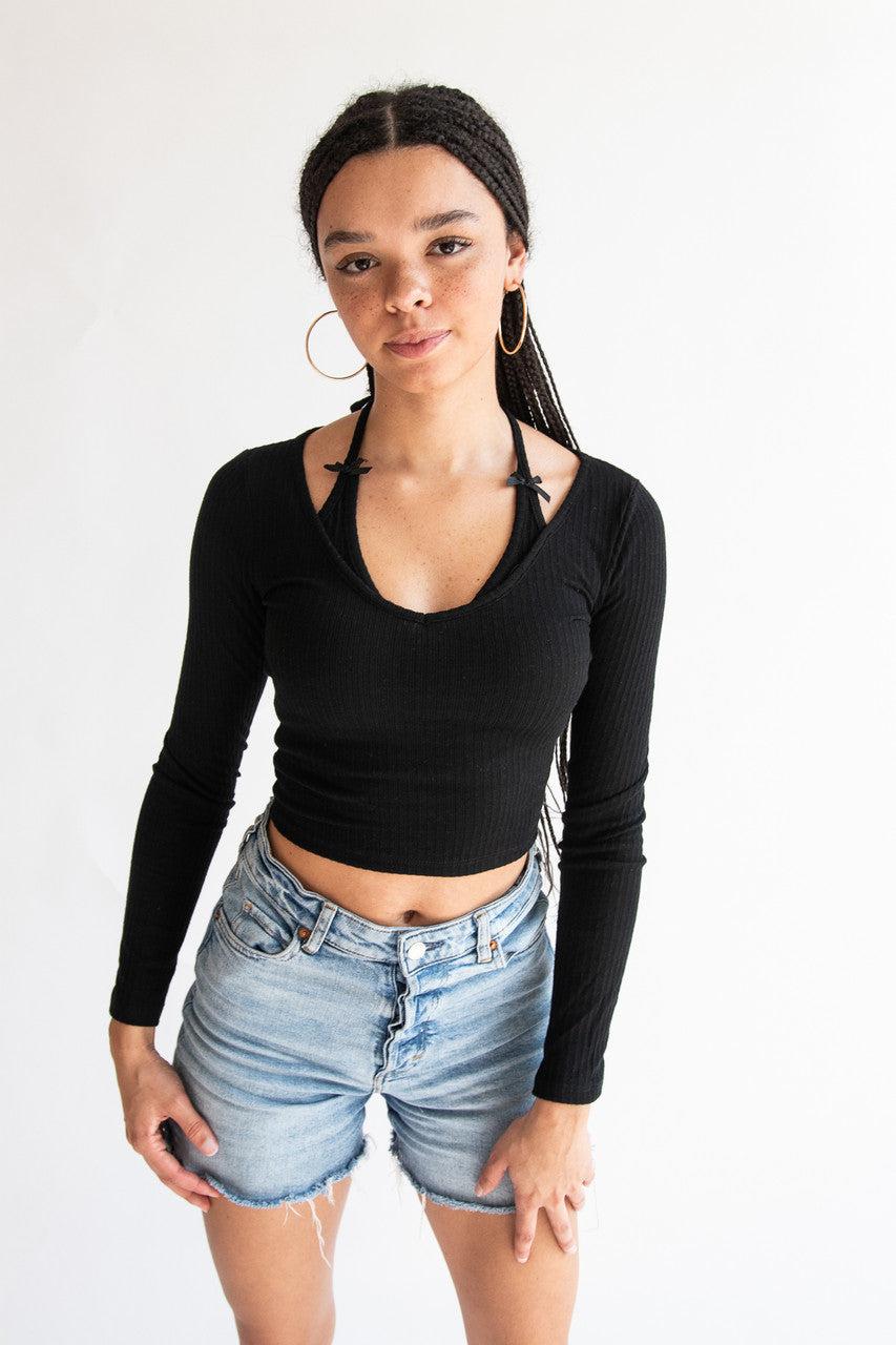 Layered Halter Bow Long Sleeve Top Product Image