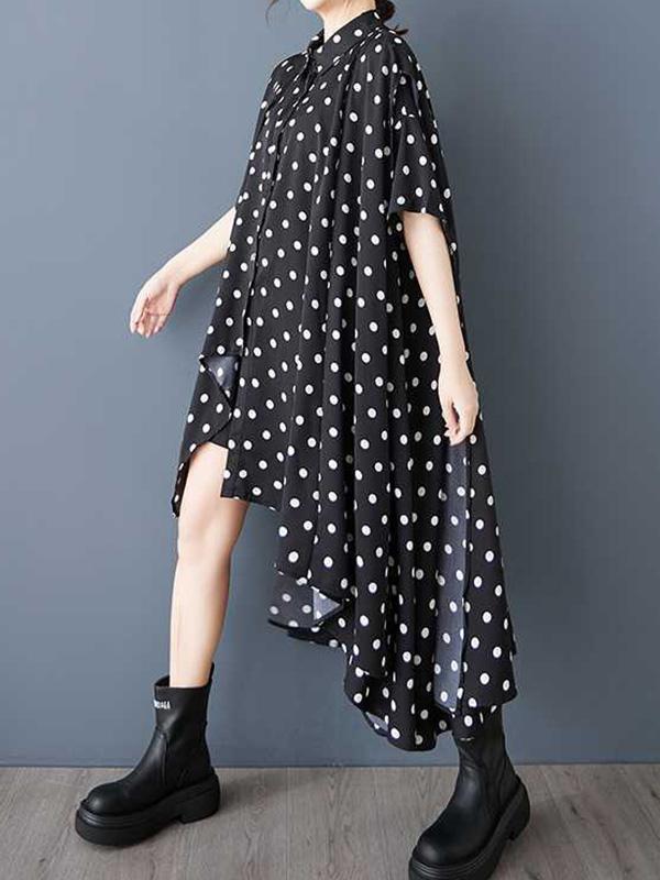 A-Line High-Low Asymmetric Buttoned Polka-Dot Lapel Midi Dresses Shirt Dress Product Image