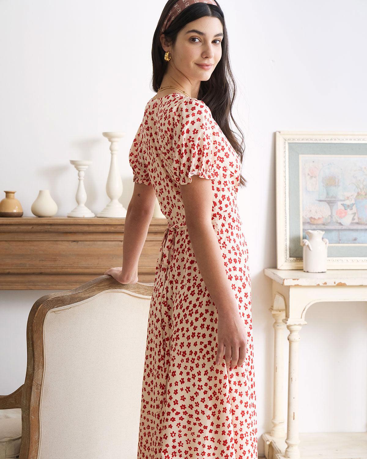 The Red V-Neck Floral Puff Sleeve Maxi Dress Product Image