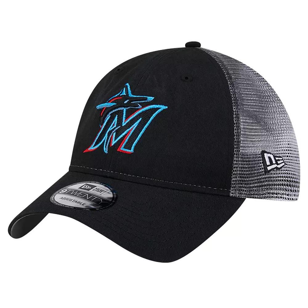 Men's New Era Black Miami Marlins Team Slick Trucker 9TWENTY Adjustable Hat Product Image