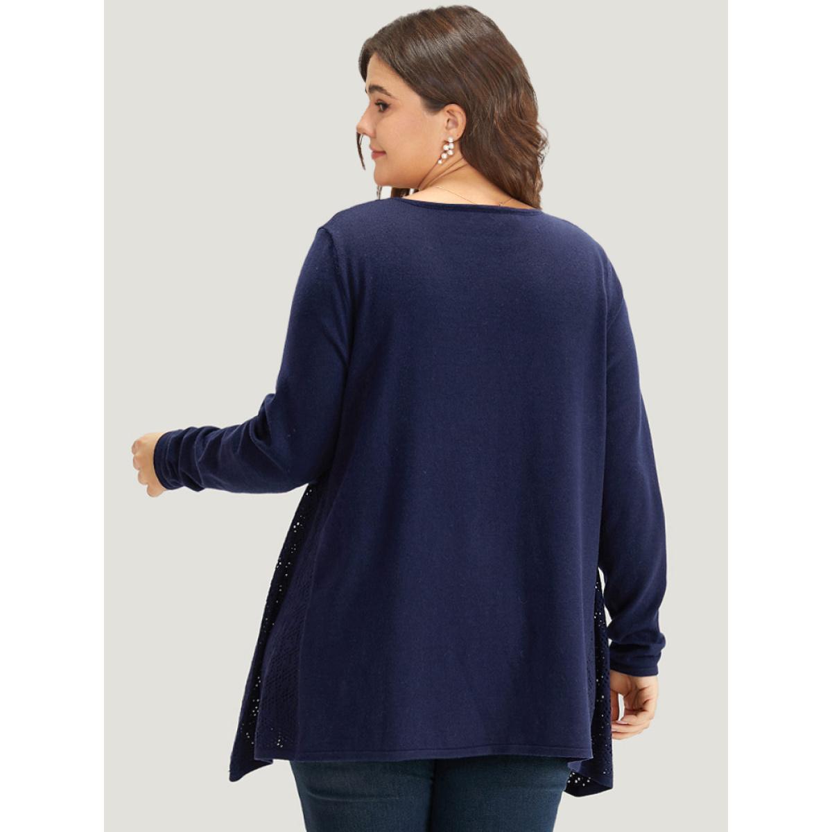 Plus Size Supersoft Essentials Cut Out Patchwork Pullover DarkBlue Women Casual Loose Long Sleeve Round Neck Dailywear Pullovers BloomChic 26/4X Product Image