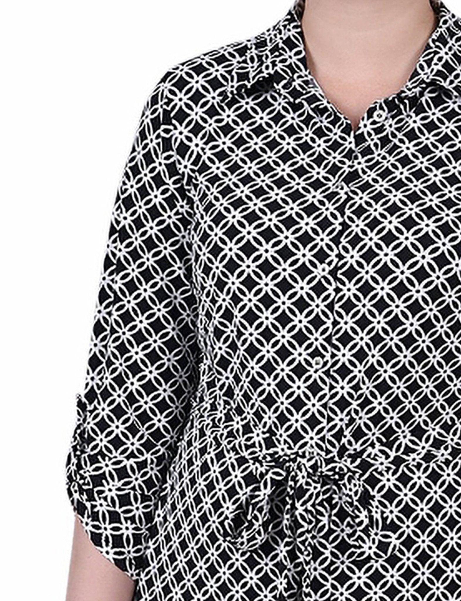 Black White Iconic 3/4 Roll Tab Sleeve Belted Shirtdress - Petite Product Image