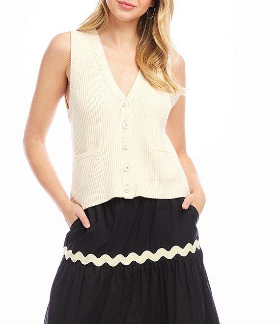 Karen Kane Ribbed V-Neck Sleeveless Button Front Vest Product Image