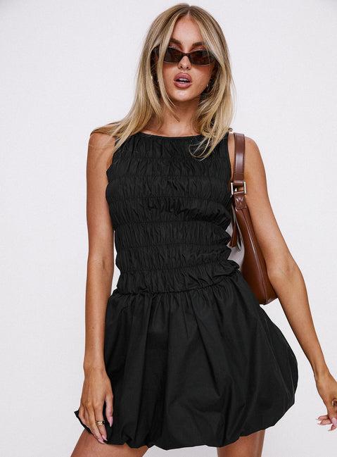 Demure Shirred Bubble Hem Mini Dress Black Product Image