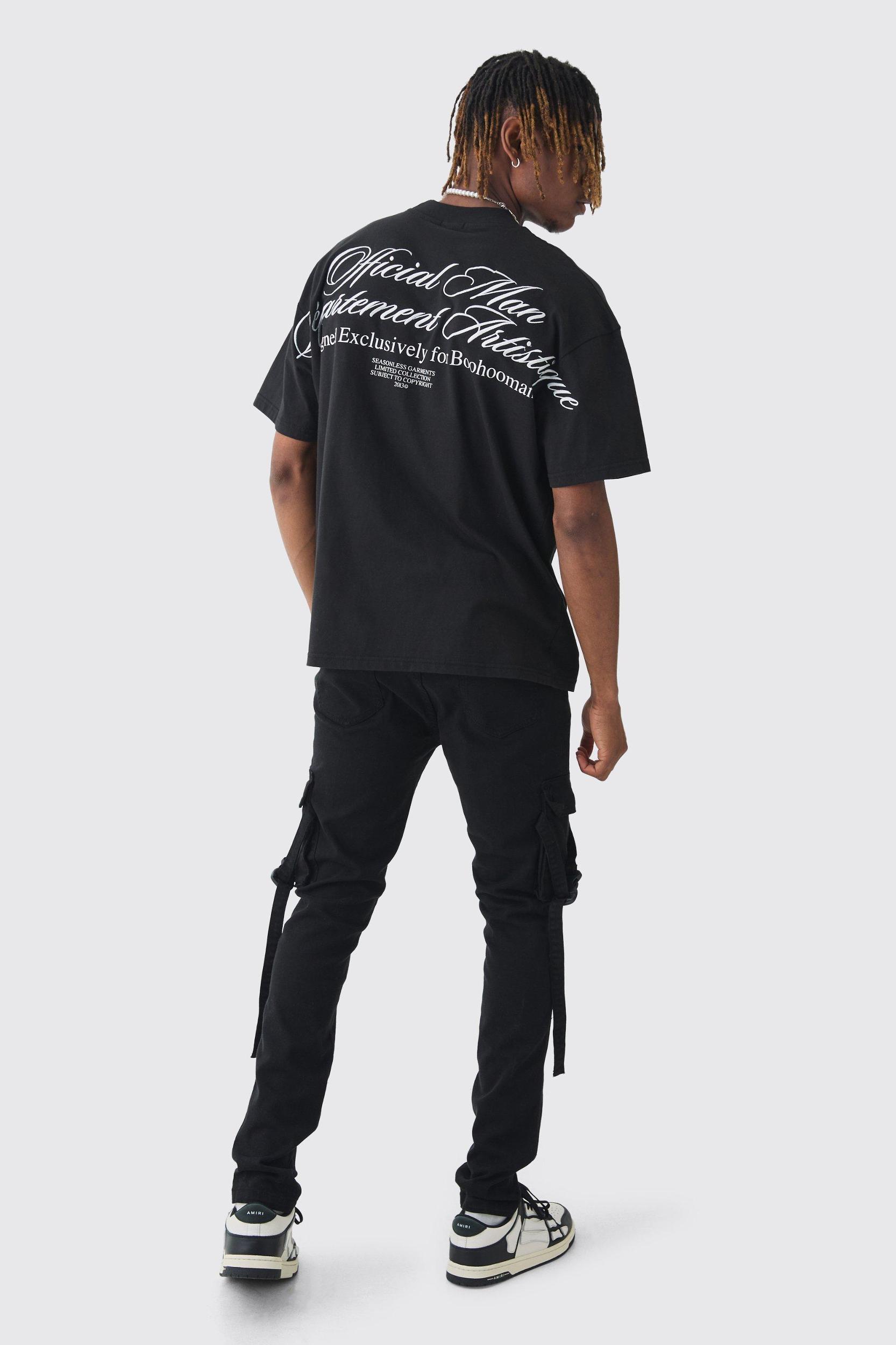 Tall Skinny Overdyed Strap Detail Cargo Pants In Black | boohooMAN USA Product Image