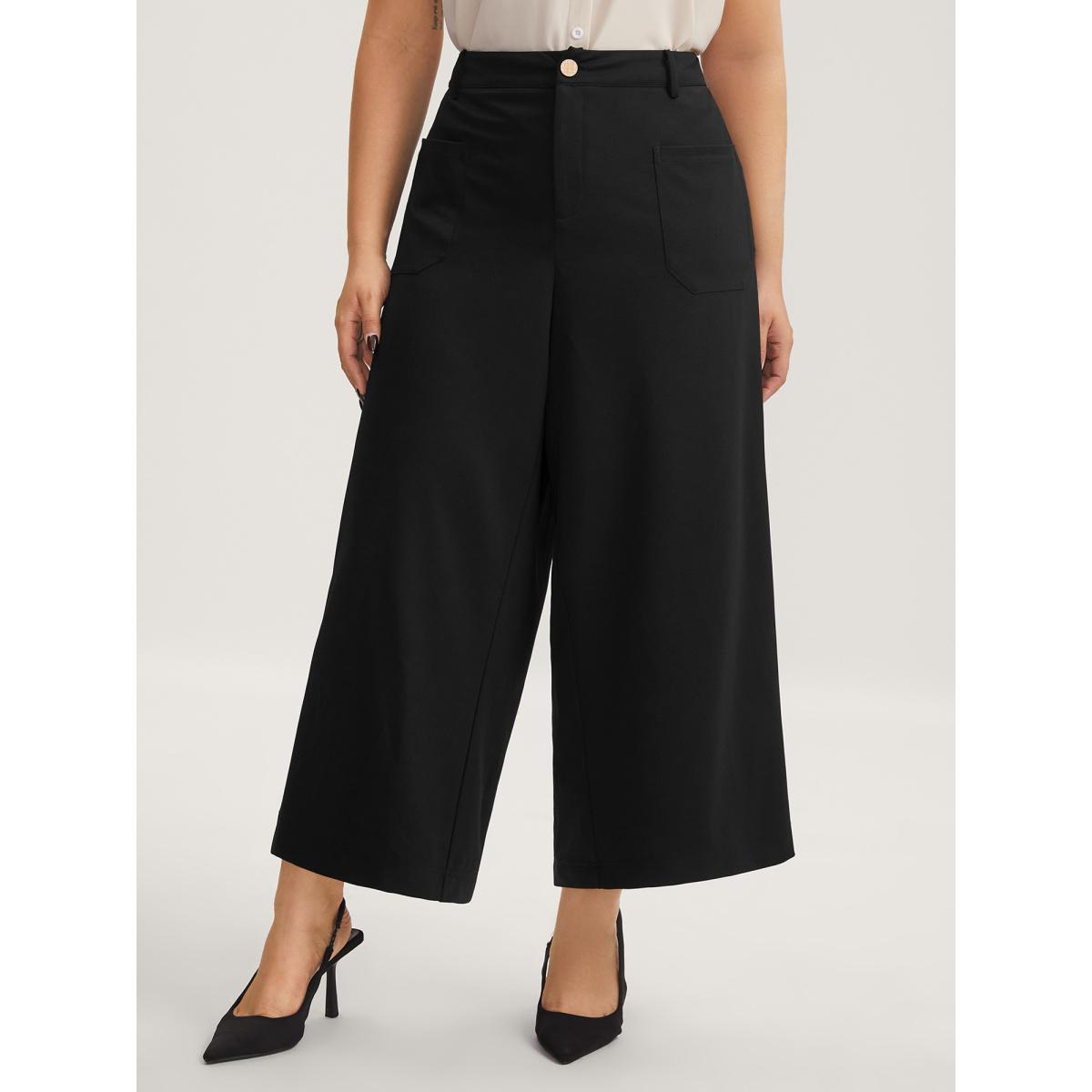 Plus Size Pockets Wide-Leg Solid Pants Women Black At the Office Wide Leg Mid Rise Work Pants BloomChic 14-16/1X Product Image