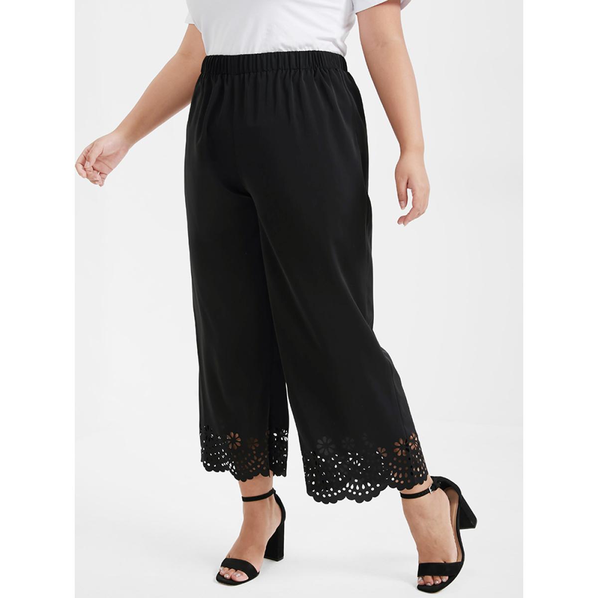 Plus Size Broderie Anglaise Elastic Waist Loose Pants Women Black Elegant Loose High Rise Dailywear Pants BloomChic 26/4X Product Image