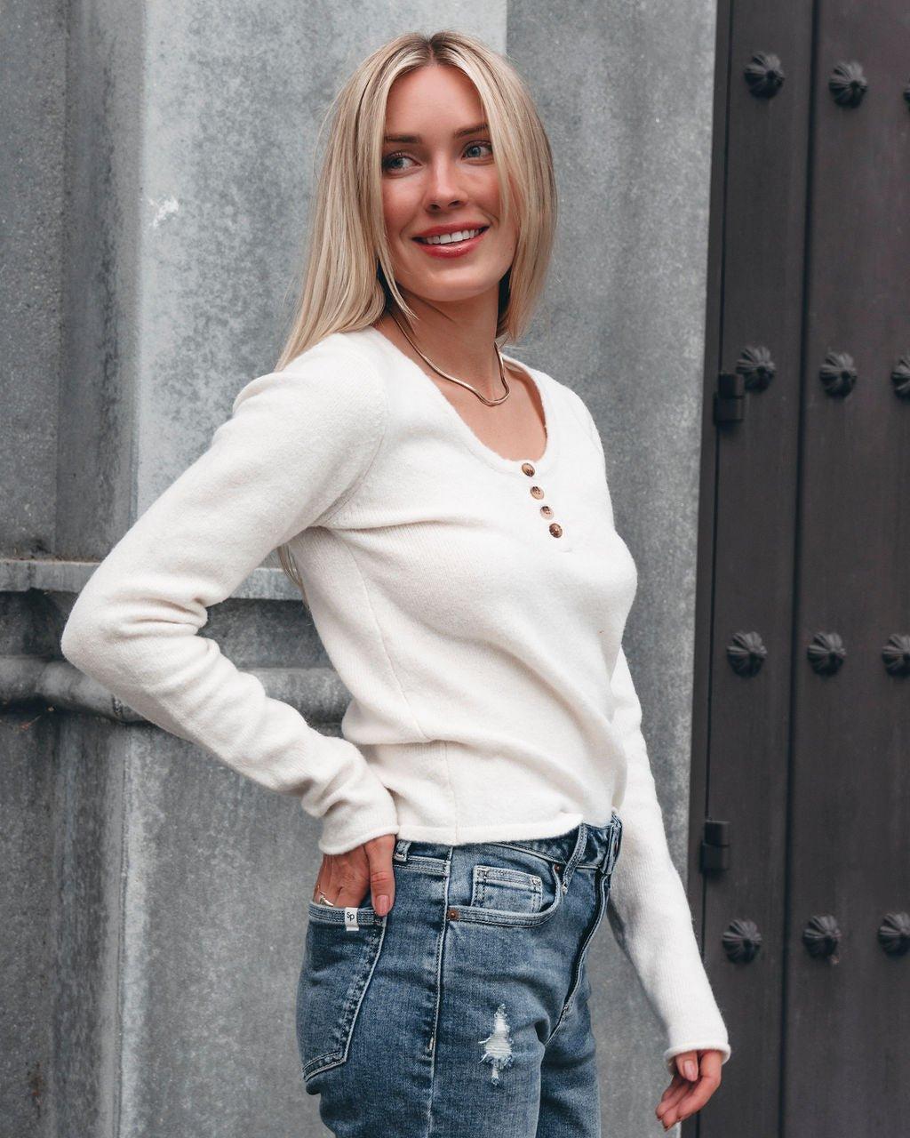 Cozy Brushed Button Up Sweater - Cream - FINAL SALE Product Image