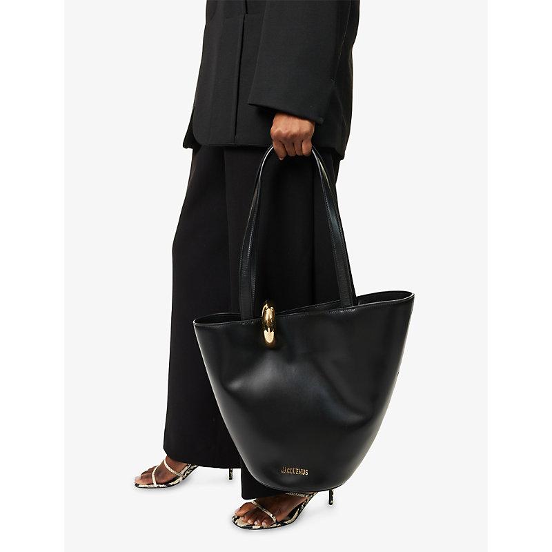 JACQUEMUS The Medium Bambola Asymmetric Leather Bucket Bag In Black 990 Product Image