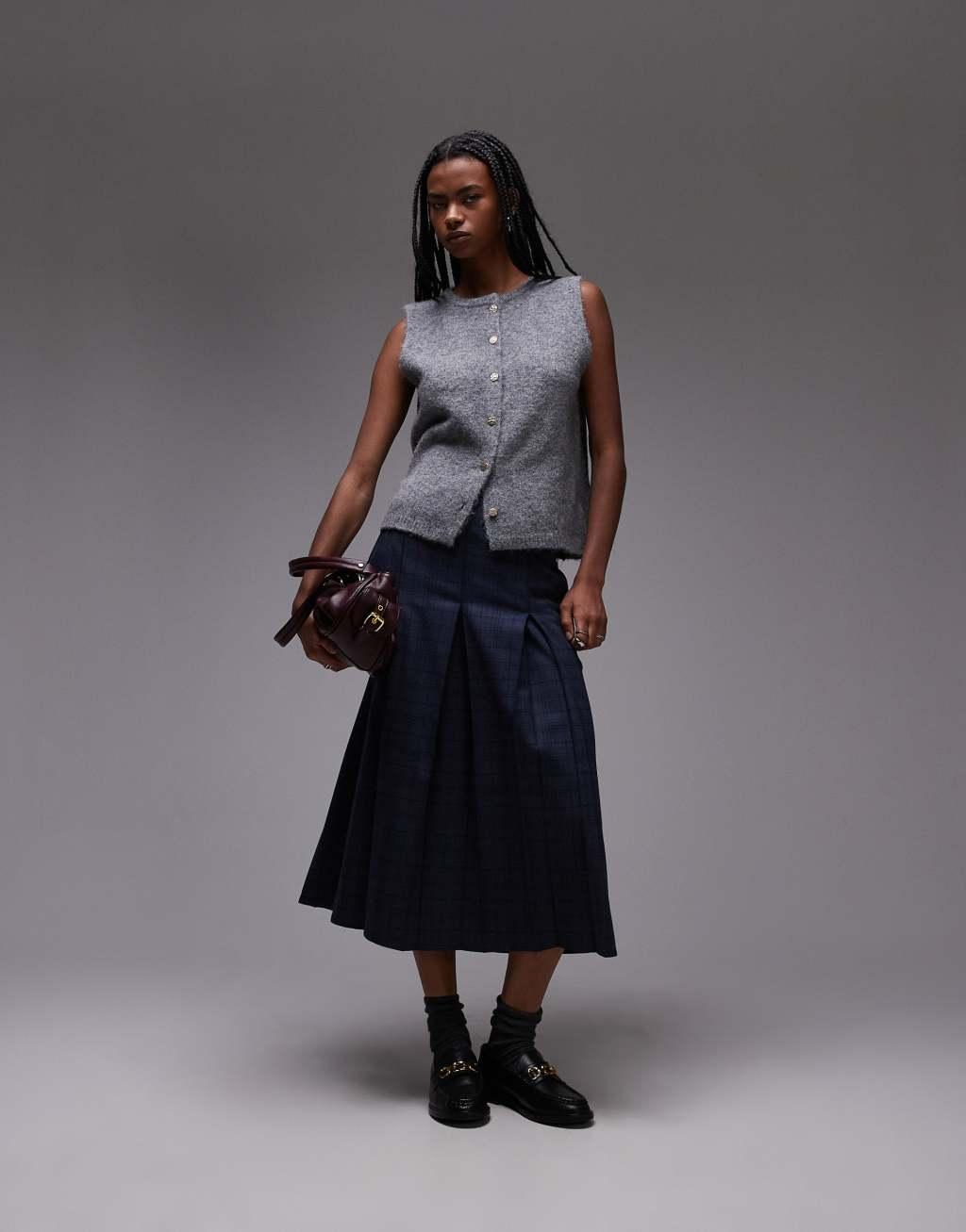 Topshop knitted gold button tank in gray Product Image