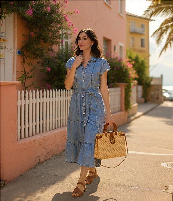 Westbound Short Sleeve Button Front Denim Shirt A-Line Midi Dress Product Image