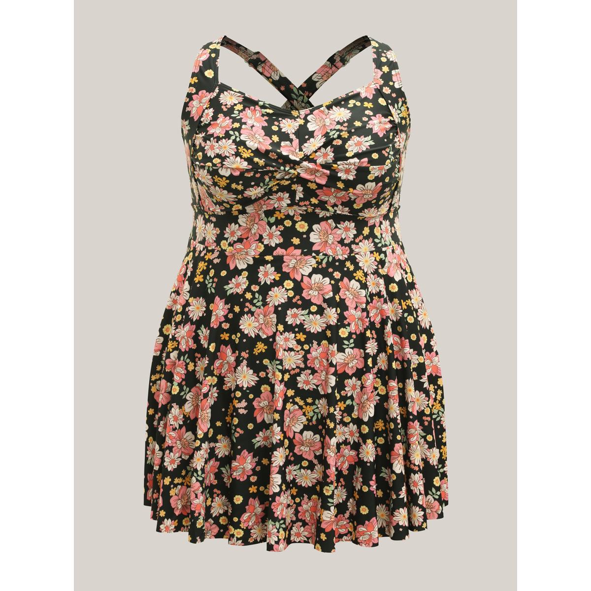 Plus Size Twist Front Floral Print Pockets Swim Dress Women's Swimwear Black Beach Bodycon Heart neckline High stretch Curve Swim Dresses BloomChic 22-24/3X Product Image