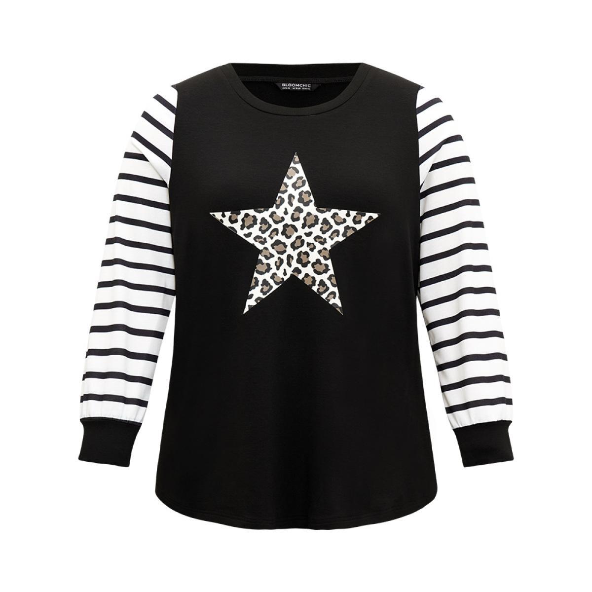 Plus Size Star Leopard Print Striped Patchwork Crew Neck Sweatshirt Women Black Casual Elastic cuffs Dailywear Sweatshirts BloomChic 22-24/3X Product Image