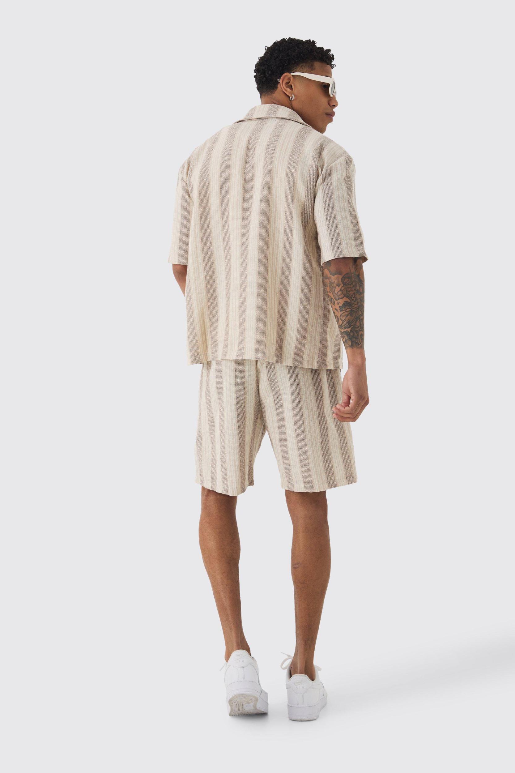 Oversized Revere Linen Look Stripe Shirt & Short Set | boohooMAN USA Product Image