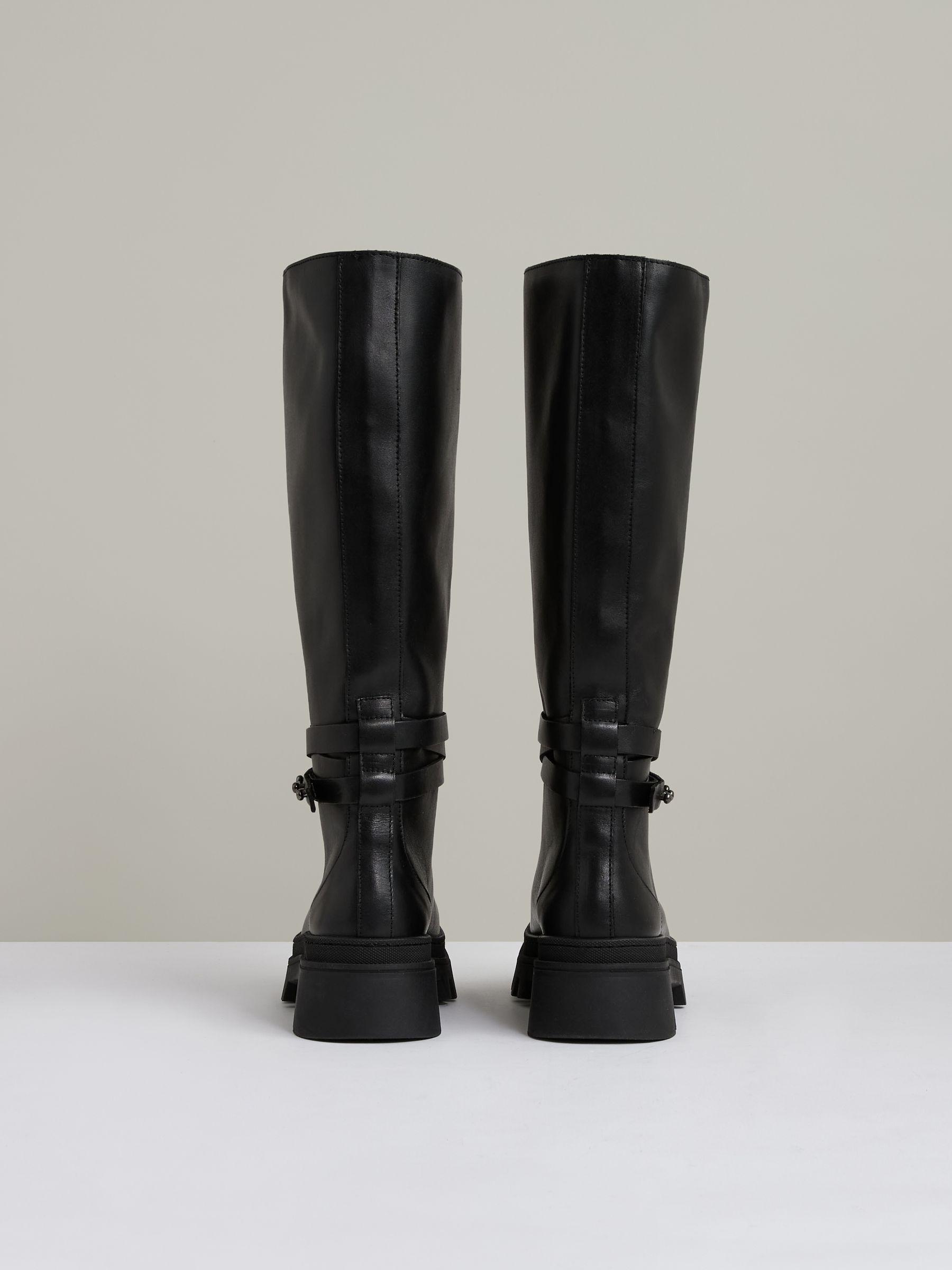 Leather Chunky Flat Knee-High Boots in Black Product Image