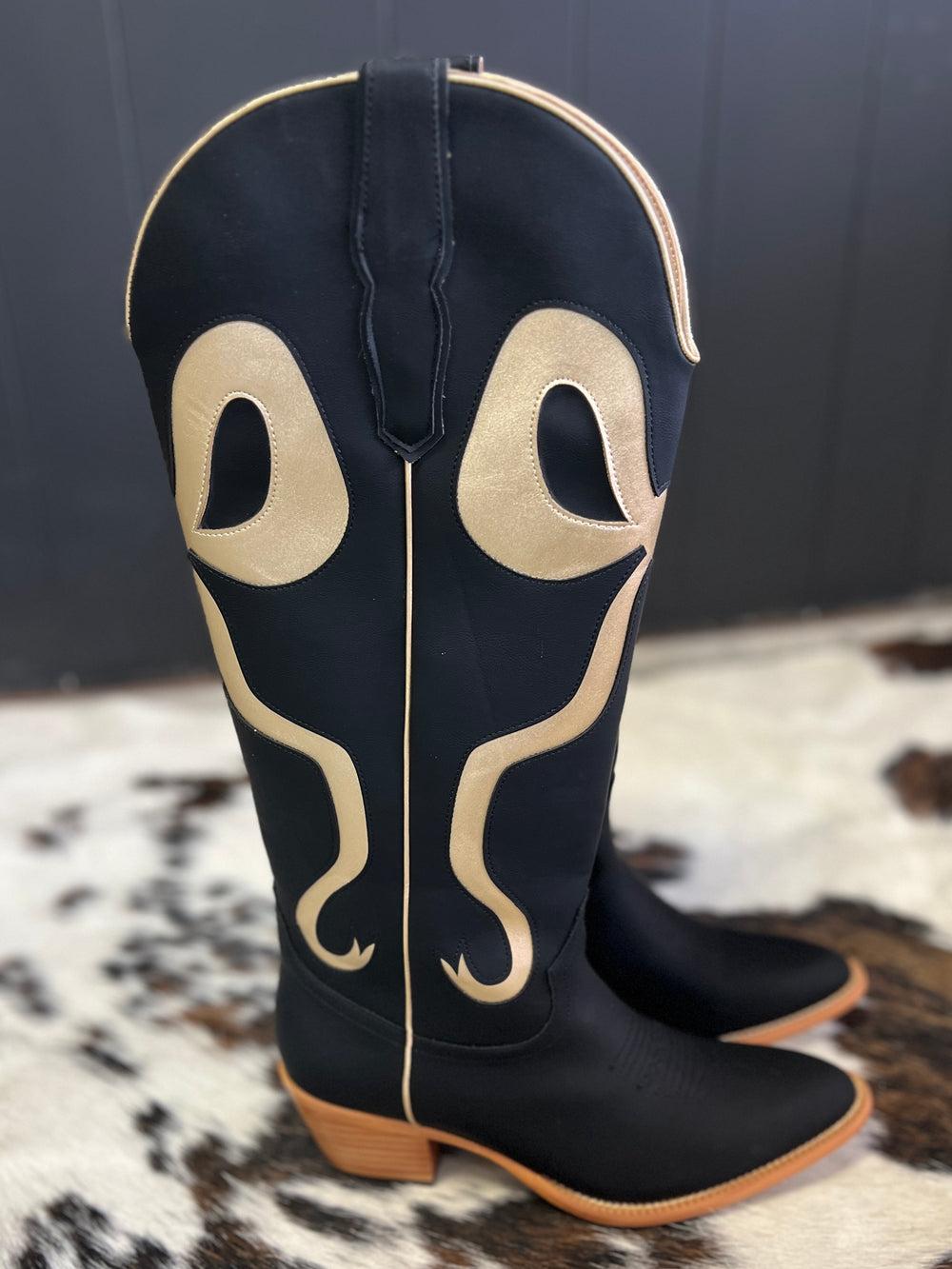 Black and Gold Bow Boots Product Image