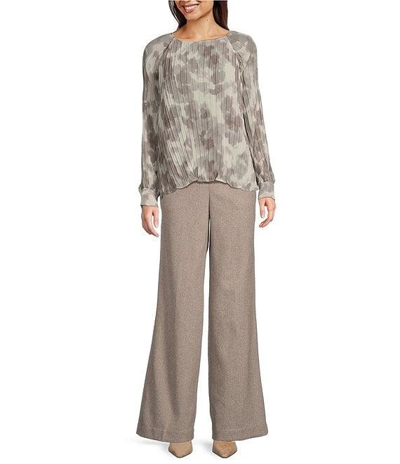 Calvin Klein Floral Printed Chiffon Pleated Crew Neck Long Sleeve Blouse Product Image