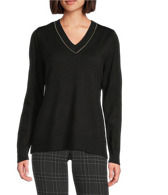 Investments Petite Size Solid Long Sleeve V-Neck Pullover Top Product Image