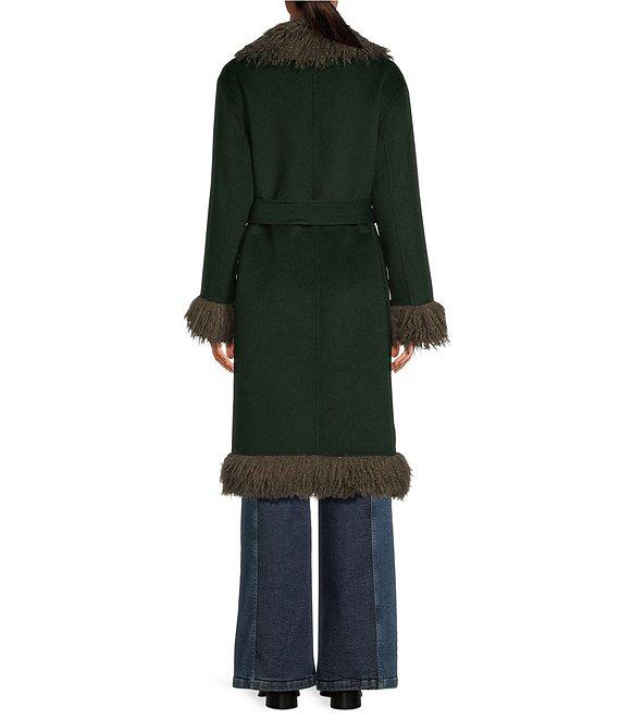 Chelsea & Violet Beatrix Wool Blend Faux Fur Trim Shawl Collar Long Sleeve Tie Front Long Topcoat Product Image