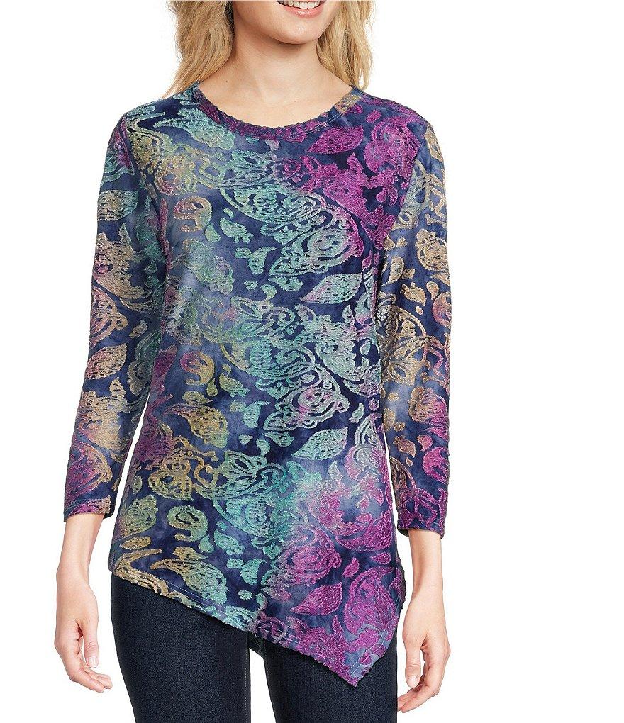 Calessa Petite Size Burnout Knit Tie-Dye Crew Neck 3/4 Sleeve Asymmetrical Hem Tunic Product Image