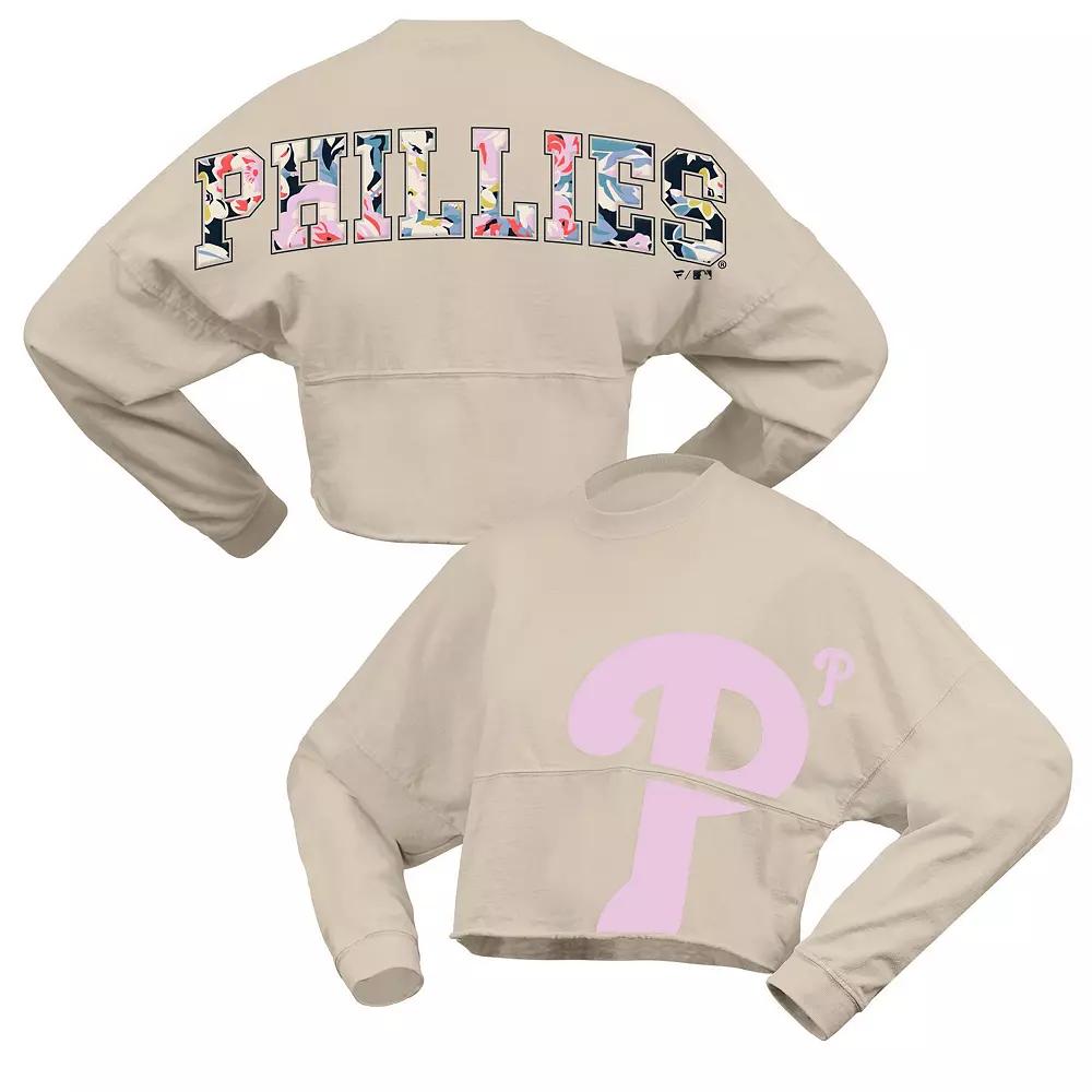 Women's Fanatics  Cream Philadelphia Phillies Floral Preppy Cropped Long Sleeve T-Shirt, Size: XXL, Beige Product Image